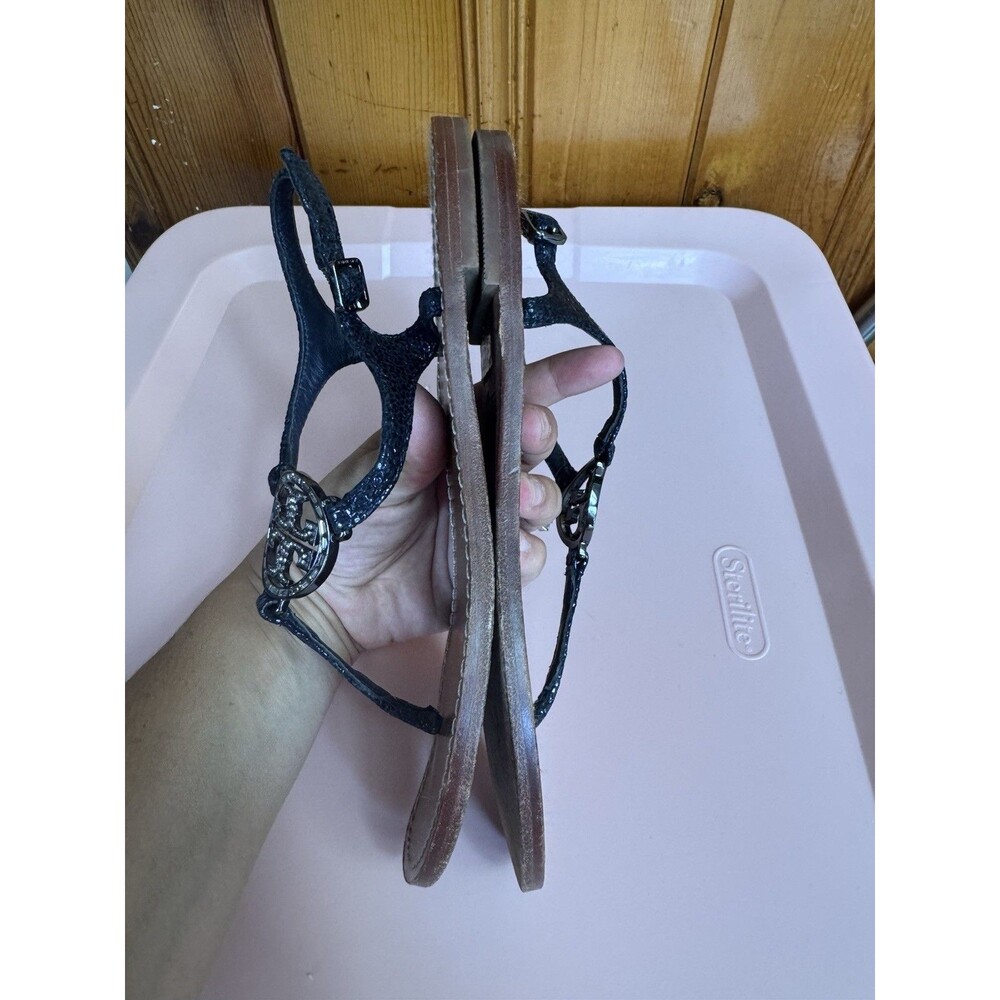 TORY BURCH NAVY BLUE GLITTER & RHINESTONE T STRAP SANDALS THONGS SIZE 8 - Picture 9 of 11